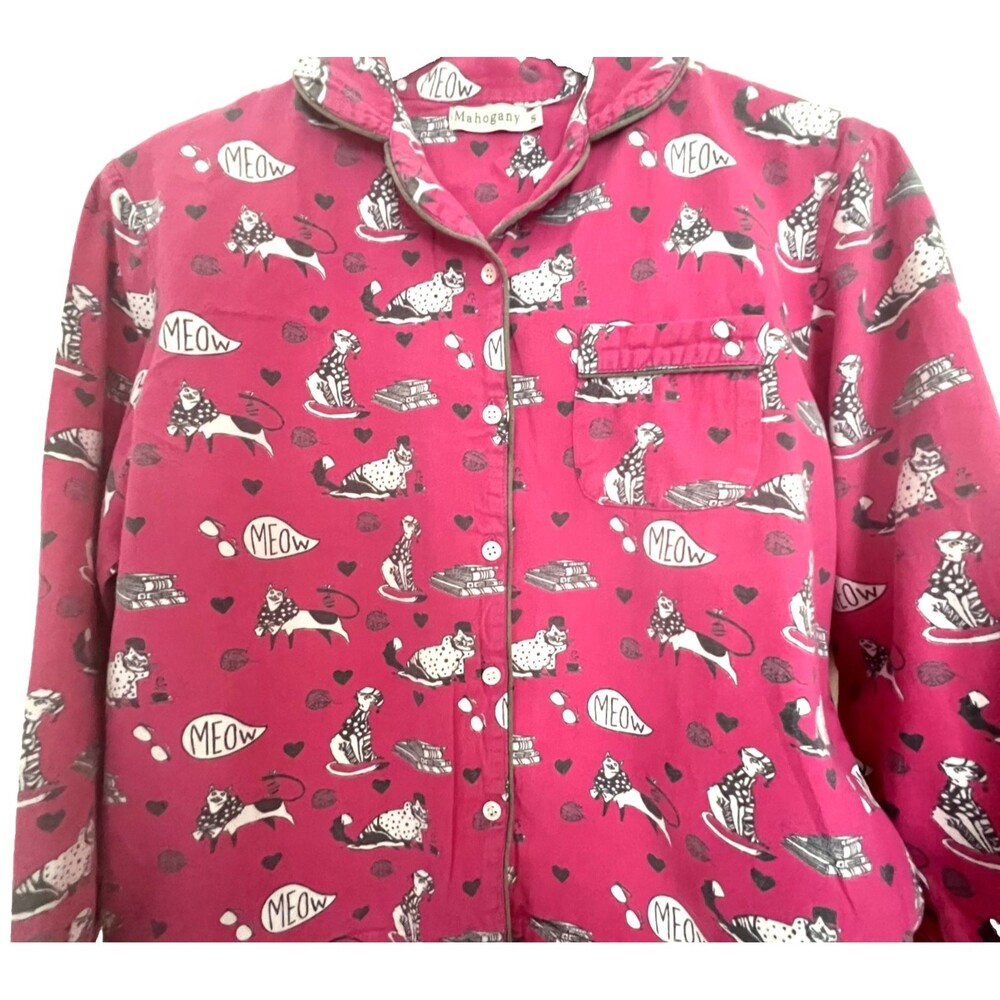 Mahogany Womens S Pajama Set Cats Meow Pink Pockets 100% Cotton - Picture 2 of 10